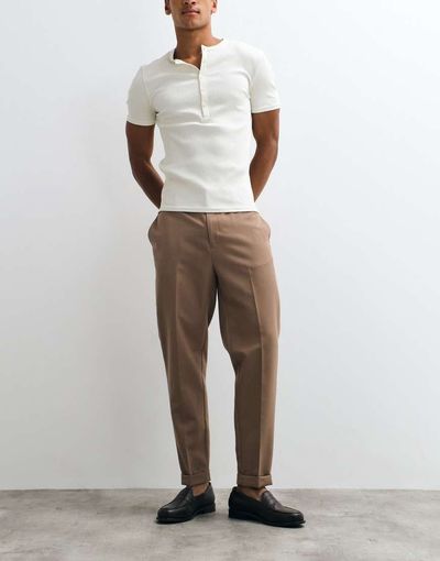 ASOS DESIGN ASOS DESIGN tailored tapered pants with elastic waist and rolled cuffs in brown