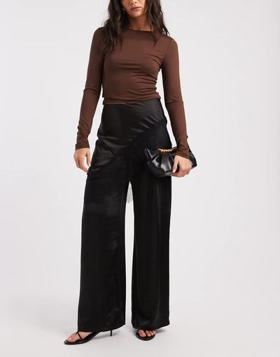 ASOS DESIGN ASOS DESIGN tailored wide leg satin pants with lace trim skirt overlay in black