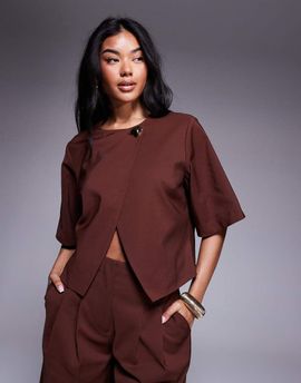 ASOS DESIGN ASOS DESIGN tailored wrap top with gold tone button in chocolate - part of a set-Brown