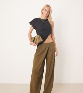ASOS DESIGN ASOS DESIGN Tall tailored asymmetric wrap wide leg pants with buckle detail in khaki-Green