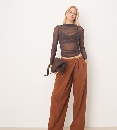 ASOS DESIGN ASOS DESIGN Tall tailored asymmetric wrap wide leg pants with buckle detail in tobacco-Brown