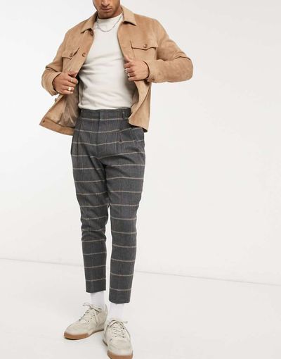 ASOS DESIGN ASOS DESIGN tapered cropped double pleat smart pants in wool mix check-Grey