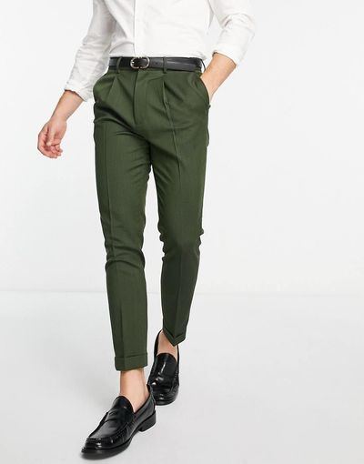 ASOS DESIGN ASOS DESIGN tapered turnup smart pants in khaki texture-Green