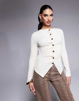 ASOS DESIGN ASOS DESIGN textured button up long sleeve t-shirt in cream-White