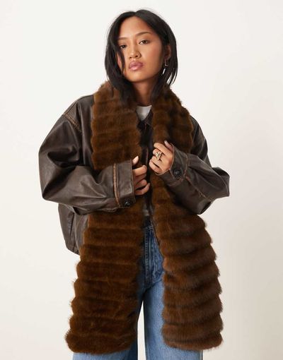 ASOS DESIGN ASOS DESIGN textured faux fur scarf with pockets in chocolate-Brown