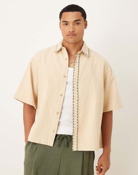 ASOS DESIGN ASOS DESIGN textured oversized shirt with whip stitch detailing in stone-Neutral