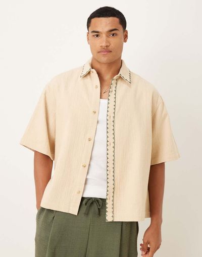 ASOS DESIGN ASOS DESIGN textured oversized shirt with whip stitch detailing in stone-Neutral