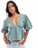 ASOS DESIGN ASOS DESIGN textured puff sleeve plunge top with tie back detail in sage green - 1
