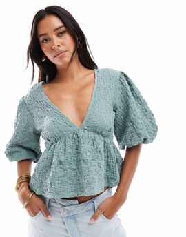 ASOS DESIGN ASOS DESIGN textured puff sleeve plunge top with tie back detail in sage green