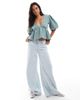 ASOS DESIGN ASOS DESIGN textured puff sleeve plunge top with tie back detail in sage green - 2