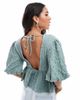 ASOS DESIGN ASOS DESIGN textured puff sleeve plunge top with tie back detail in sage green - 3
