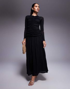 ASOS DESIGN ASOS DESIGN textured ribbed long sleeve ruched front maxi dress in black