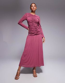 ASOS DESIGN ASOS DESIGN textured ribbed long sleeve ruched front maxi dress in MULBERRY