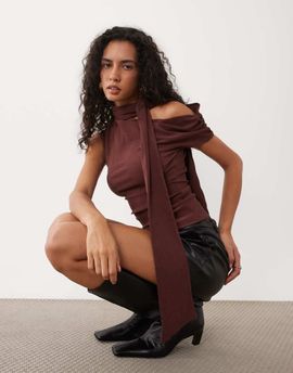 ASOS DESIGN ASOS DESIGN textured scarf neck fallen shoulder top in brown