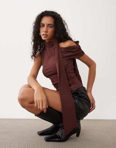 ASOS DESIGN ASOS DESIGN textured scarf neck fallen shoulder top in brown