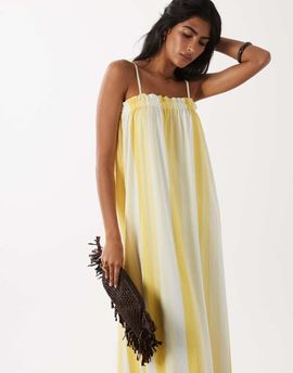 ASOS DESIGN ASOS DESIGN textured shirred detailing midaxi dress in vertical yellow stripes-Multi