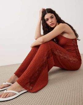 ASOS DESIGN ASOS DESIGN textured wide leg with lace pants in rust - part of a set