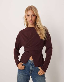 ASOS DESIGN ASOS DESIGN textured wrap detail long sleeve top in burgundy