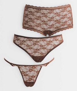 ASOS DESIGN ASOS DESIGN 'The Essentials' 3 pack lace tanga thong, brazilian & boxer short in chocolate-Pink