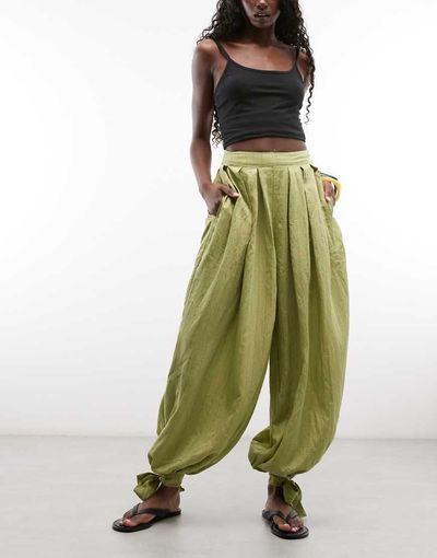 ASOS DESIGN ASOS DESIGN tie detail soft barrel pants in green stripe-Gray
