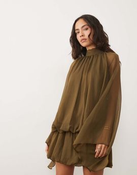 ASOS DESIGN ASOS DESIGN tie neck bubble mini dress in khaki-Green