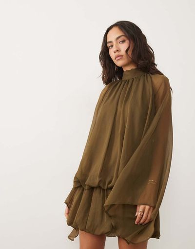 ASOS DESIGN ASOS DESIGN tie neck bubble mini dress in khaki-Green
