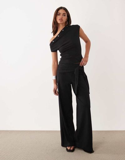 ASOS DESIGN ASOS DESIGN tie waist detail wide leg pants in black - part of a set
