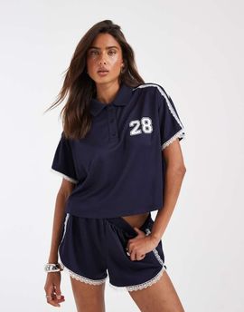 ASOS DESIGN ASOS DESIGN tricot sporty polo top with lace detail in navy - part of a set