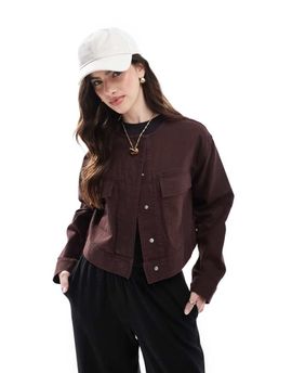 ASOS DESIGN ASOS DESIGN twill collarless jacket in chocolate-No color
