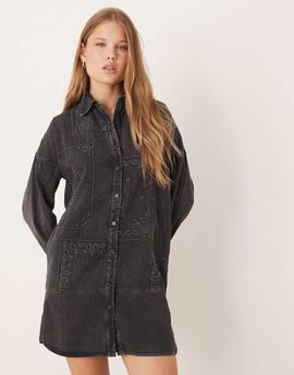 ASOS DESIGN ASOS DESIGN twill mini shirt dress with patchwork embroidery in washed black