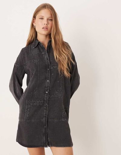 ASOS DESIGN ASOS DESIGN twill mini shirt dress with patchwork embroidery in washed black