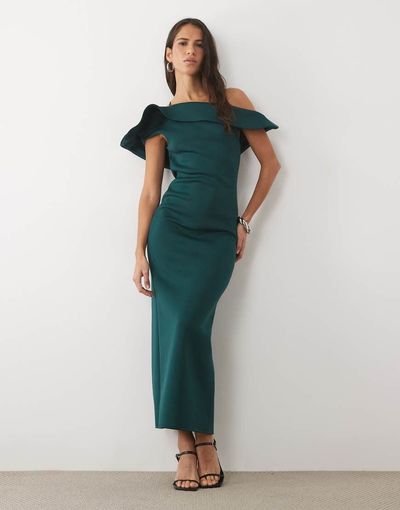 ASOS DESIGN ASOS DESIGN twist bardot midi dress in bottle green scuba-style fabric