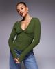 ASOS DESIGN ASOS DESIGN twist bust double layer long sleeve top in dark olive-Green - 1