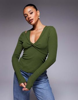 ASOS DESIGN ASOS DESIGN twist bust double layer long sleeve top in dark olive-Green