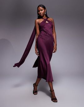 ASOS DESIGN ASOS DESIGN twisted detail satin chiffon maxi dress with scarf in plum-Purple