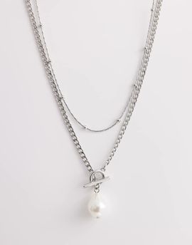 ASOS DESIGN ASOS DESIGN two pack of necklaces with t-bar and faux freshwater pearl pendant in silver tone