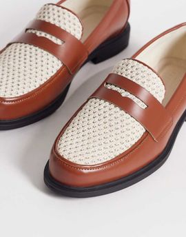 ASOS DESIGN ASOS DESIGN two tone penny loafers with raffia detailing in brown and cream-Multi