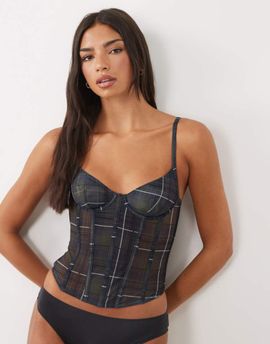 ASOS DESIGN ASOS DESIGN underwire mesh corset in navy plaid-Black