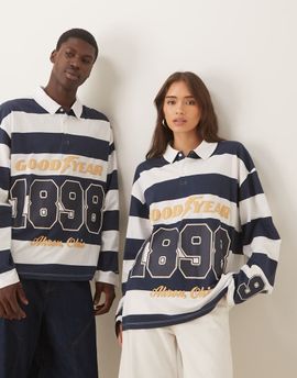 ASOS DESIGN ASOS DESIGN Unisex oversized long sleeve polo shirt with Goodyear prints in blue and white stripes-Navy