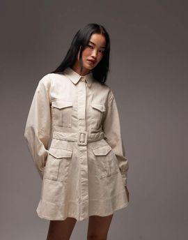 ASOS DESIGN ASOS DESIGN utility mini shirt dress with belt in cream-White