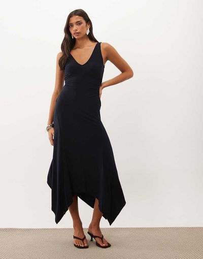 ASOS DESIGN ASOS DESIGN v-neck handkerchief hem midi dress in navy