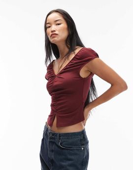 ASOS DESIGN ASOS DESIGN V-neck ruched top with tie back in burgundy-Red