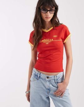 ASOS DESIGN ASOS DESIGN v neck baby tee with sports graphic in red