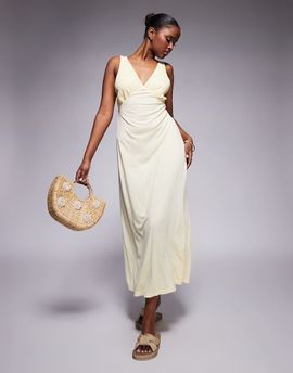 ASOS DESIGN ASOS DESIGN v neck lace bodice midi dress in buttermilk-Yellow