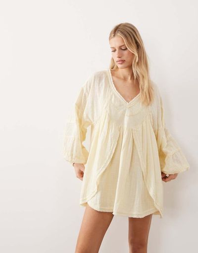 ASOS DESIGN ASOS DESIGN v neck laundered smock mini dress in washed lemon-No color