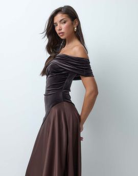 ASOS DESIGN ASOS DESIGN velvet bardot midi dress with asymmetric satin skirt in chocolate-Brown
