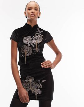 ASOS DESIGN ASOS DESIGN velvet embroidered mini skirt with drip bead detail in black - part of a set
