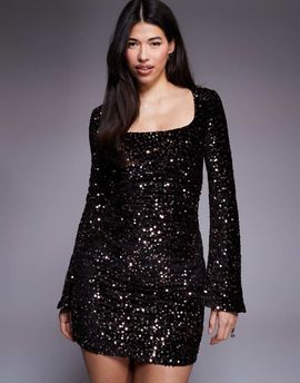 ASOS DESIGN ASOS DESIGN velvet sequin square neck mini dress in bronze sequin-Brown