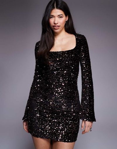 ASOS DESIGN ASOS DESIGN velvet sequin square neck mini dress in bronze sequin-Brown