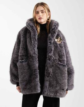 ASOS DESIGN ASOS DESIGN vintage 80s faux fur jacket with gold brooch detailing in gray